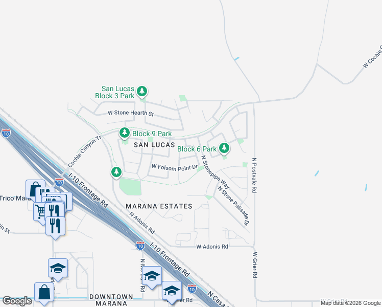 map of restaurants, bars, coffee shops, grocery stores, and more near 11252 West Artifact Quarry Drive in Marana