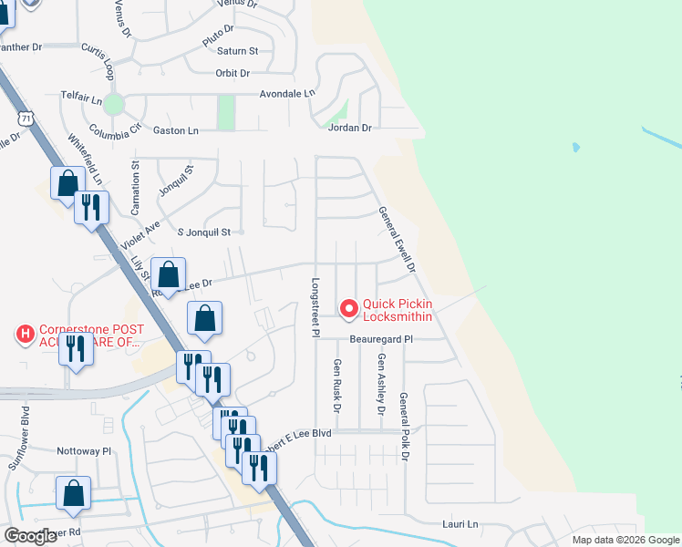 map of restaurants, bars, coffee shops, grocery stores, and more near 4803 Jeb Stuart Place in Bossier City