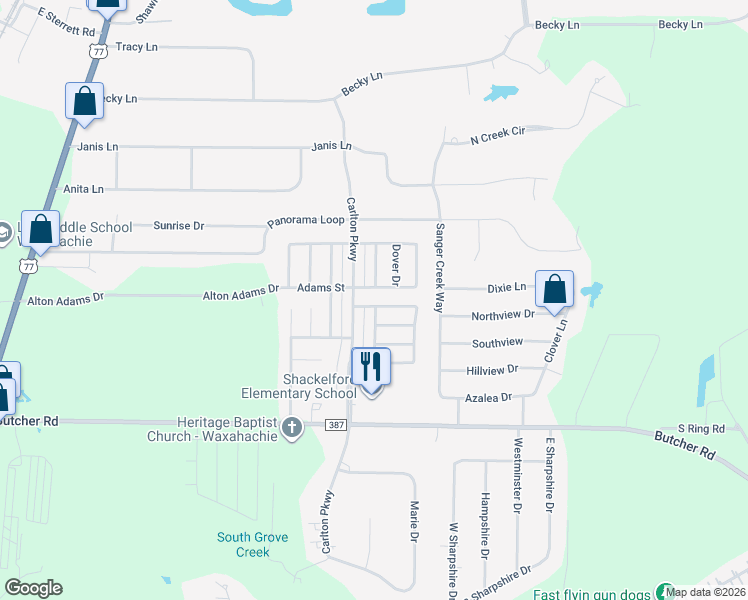 map of restaurants, bars, coffee shops, grocery stores, and more near 105 South Hampton Place in Waxahachie