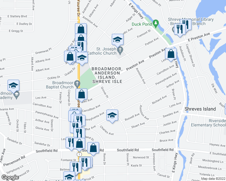map of restaurants, bars, coffee shops, grocery stores, and more near 245 Leo Avenue in Shreveport