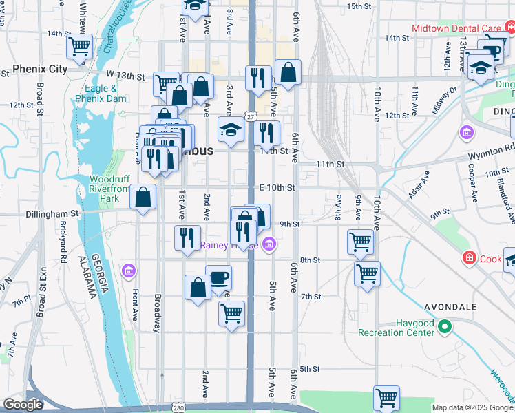 map of restaurants, bars, coffee shops, grocery stores, and more near 900 Veterans Parkway in Columbus