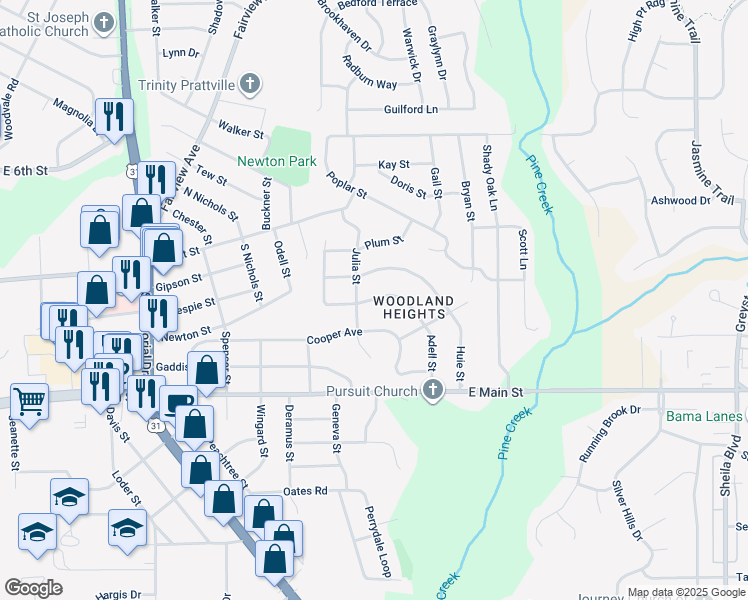 map of restaurants, bars, coffee shops, grocery stores, and more near 1260 Adell Street in Prattville