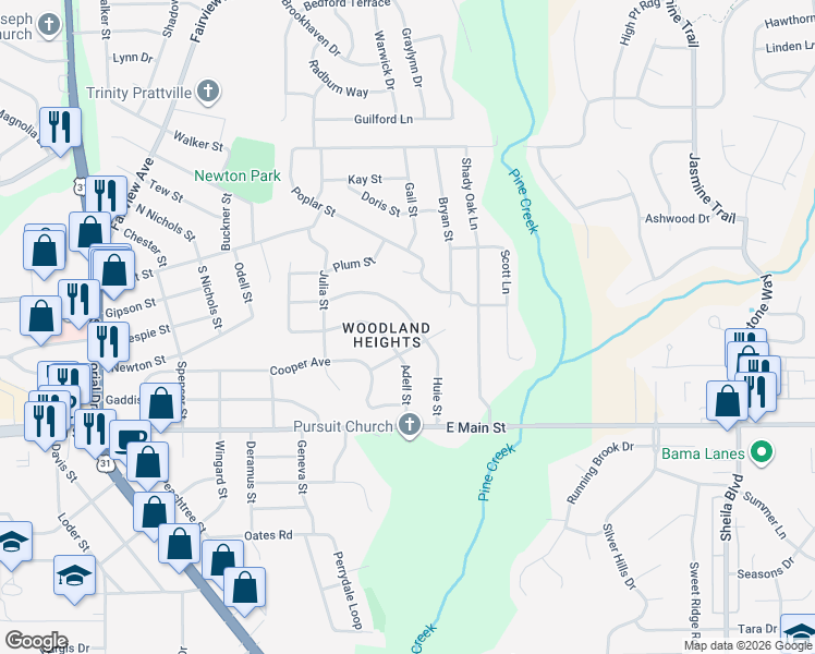 map of restaurants, bars, coffee shops, grocery stores, and more near 1286 Huie Street in Prattville