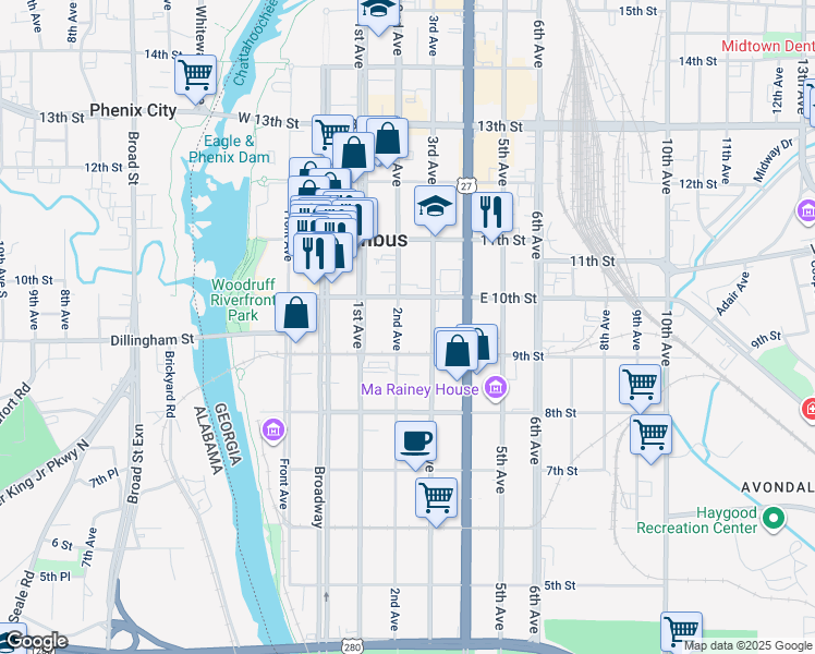 map of restaurants, bars, coffee shops, grocery stores, and more near 922 2nd Avenue in Columbus