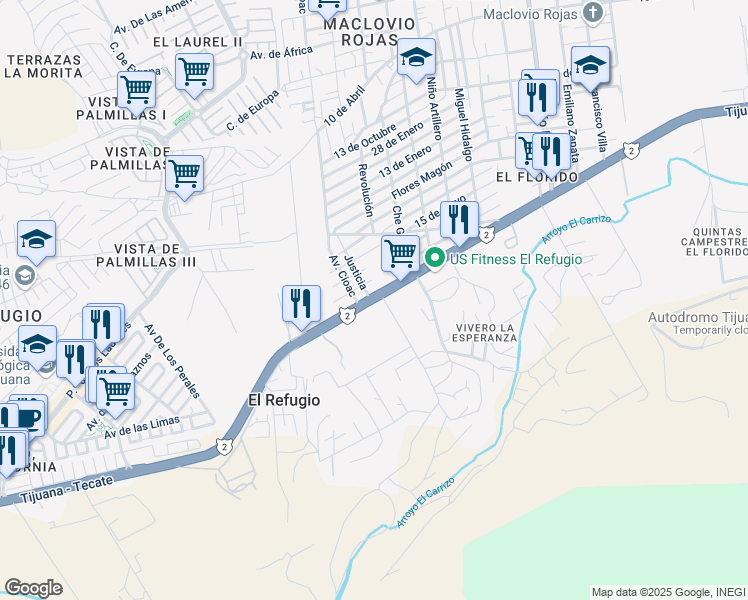 map of restaurants, bars, coffee shops, grocery stores, and more near 4862 Tijuana - Tecate in Tijuana