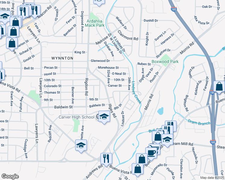 map of restaurants, bars, coffee shops, grocery stores, and more near 3215 Carver Street in Columbus