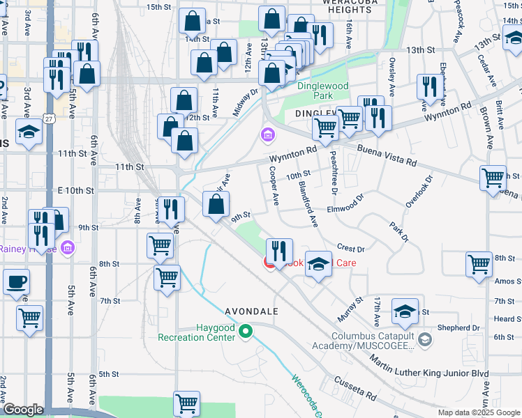 map of restaurants, bars, coffee shops, grocery stores, and more near 1237 9th Street in Columbus
