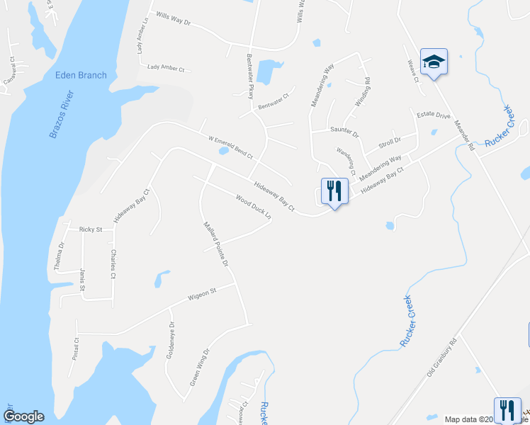 map of restaurants, bars, coffee shops, grocery stores, and more near 2114 Wood Duck Lane in Granbury