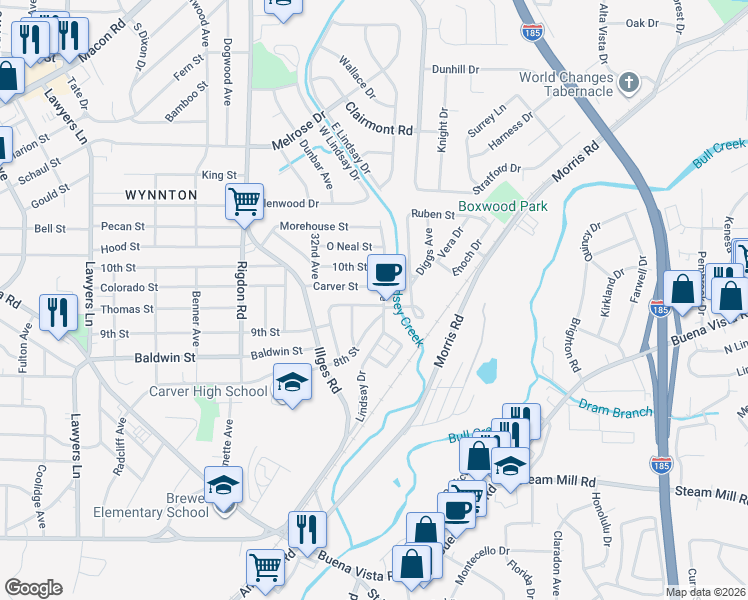 map of restaurants, bars, coffee shops, grocery stores, and more near 3321 Carver Street in Columbus