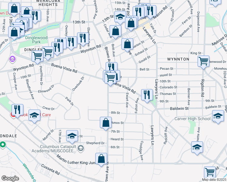 map of restaurants, bars, coffee shops, grocery stores, and more near 2113 George Street in Columbus