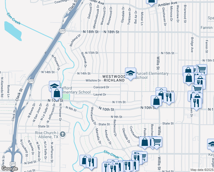 map of restaurants, bars, coffee shops, grocery stores, and more near 3814 Concord Drive in Abilene