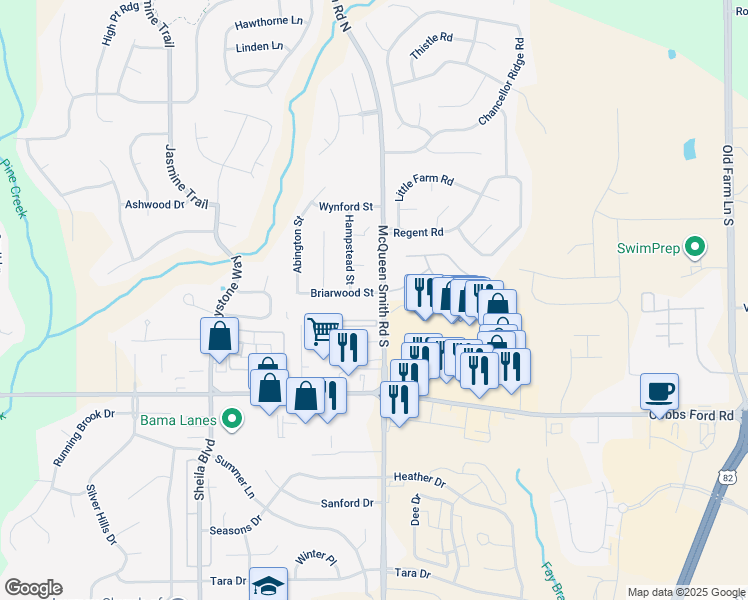 map of restaurants, bars, coffee shops, grocery stores, and more near 1820 Briarwood Street in Prattville