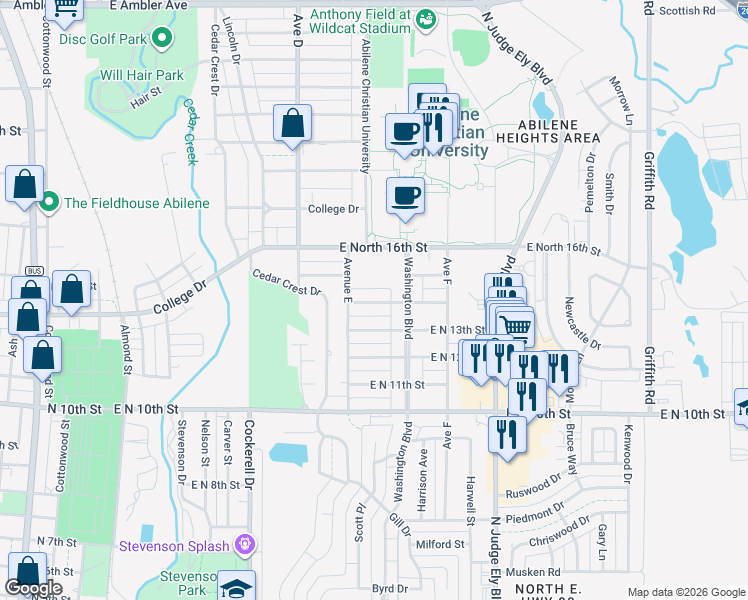 map of restaurants, bars, coffee shops, grocery stores, and more near 766 East North 14th Street in Abilene