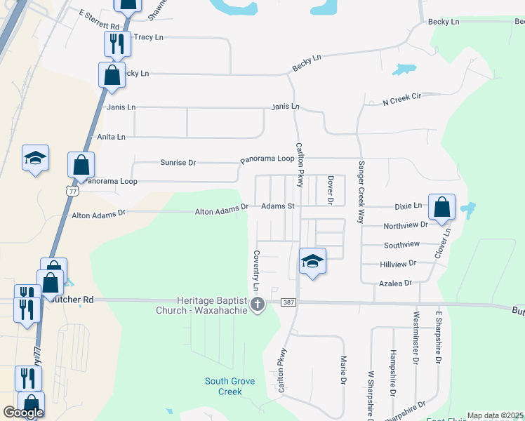 map of restaurants, bars, coffee shops, grocery stores, and more near 710 Adams Street in Waxahachie