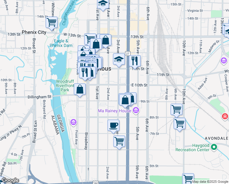 map of restaurants, bars, coffee shops, grocery stores, and more near 927 3rd Avenue in Columbus