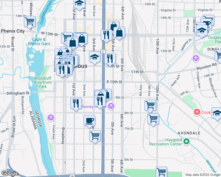 map of restaurants, bars, coffee shops, grocery stores, and more near 927 5th Avenue in Columbus