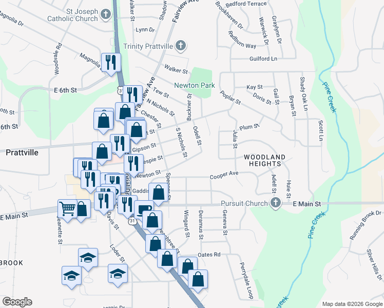 map of restaurants, bars, coffee shops, grocery stores, and more near 160 Odell Street in Prattville