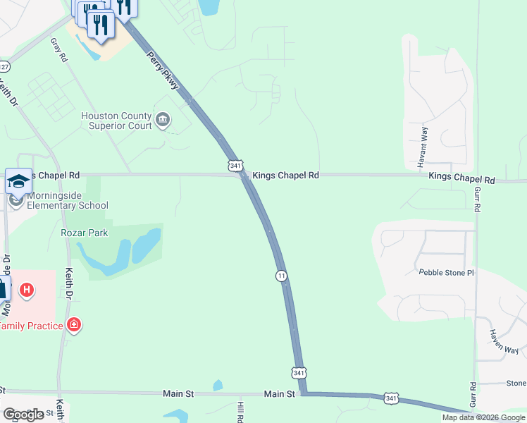 map of restaurants, bars, coffee shops, grocery stores, and more near 201 Perry Parkway in Perry