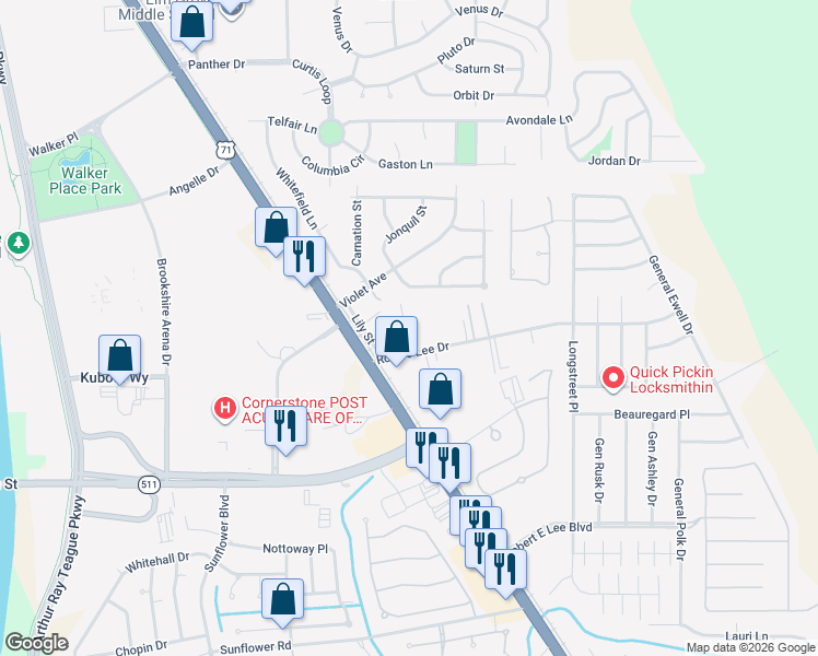 map of restaurants, bars, coffee shops, grocery stores, and more near 1903 Rossie Lee Drive in Bossier City