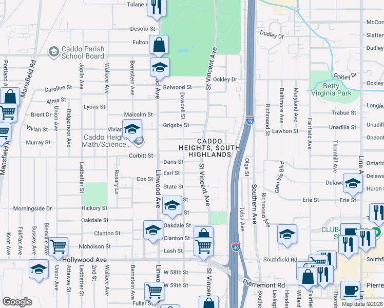 map of restaurants, bars, coffee shops, grocery stores, and more near 1444 Clover Street in Shreveport