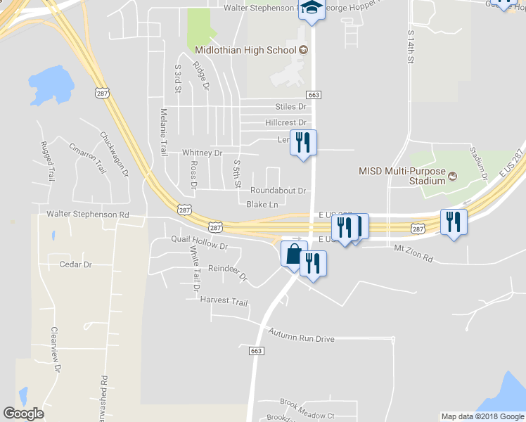 map of restaurants, bars, coffee shops, grocery stores, and more near 402 Blake Lane in Midlothian