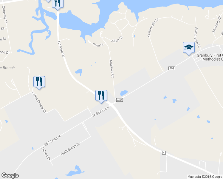 map of restaurants, bars, coffee shops, grocery stores, and more near 2300 Andrews Court in Granbury