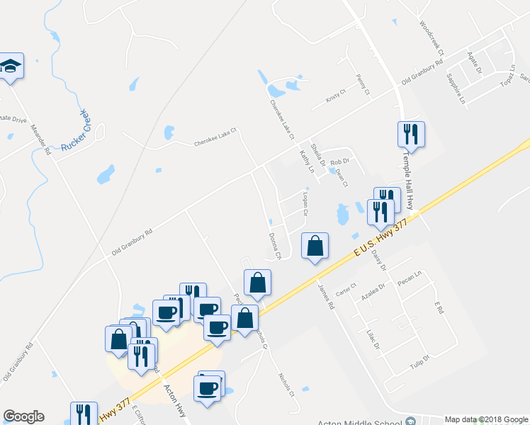 map of restaurants, bars, coffee shops, grocery stores, and more near Donna Circle in Granbury