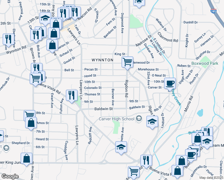map of restaurants, bars, coffee shops, grocery stores, and more near 2835 Colorado Street in Columbus