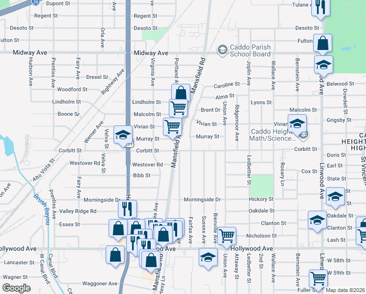map of restaurants, bars, coffee shops, grocery stores, and more near 4901 Mansfield Road in Shreveport