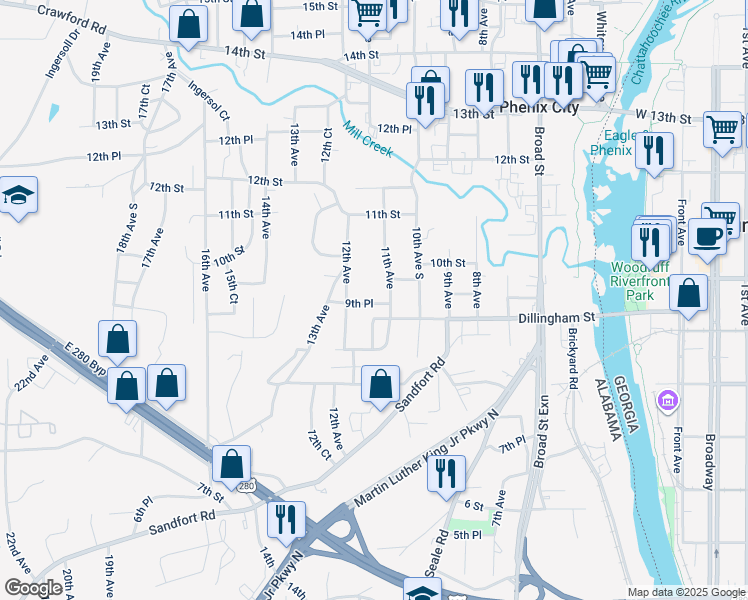 map of restaurants, bars, coffee shops, grocery stores, and more near 1108 9th Place in Phenix City