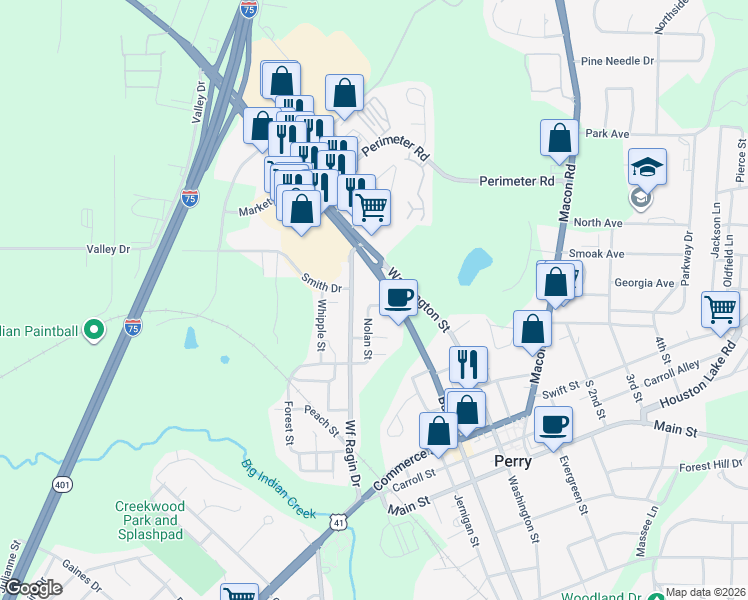 map of restaurants, bars, coffee shops, grocery stores, and more near 1323 Nolan Street in Perry