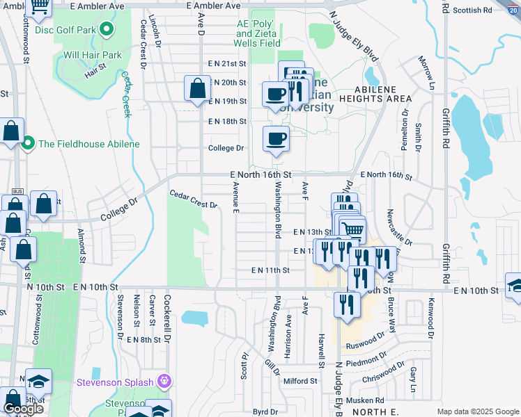 map of restaurants, bars, coffee shops, grocery stores, and more near 766 East North 14th Street in Abilene