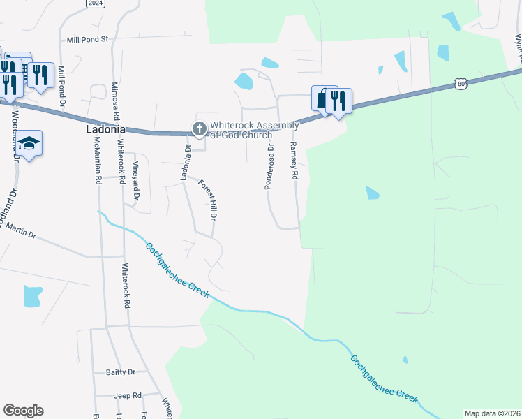 map of restaurants, bars, coffee shops, grocery stores, and more near 26 Ponderosa Drive in Phenix City