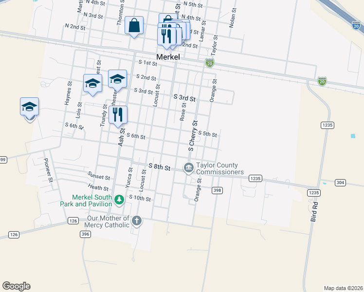 map of restaurants, bars, coffee shops, grocery stores, and more near 512 South Cherry Street in Merkel