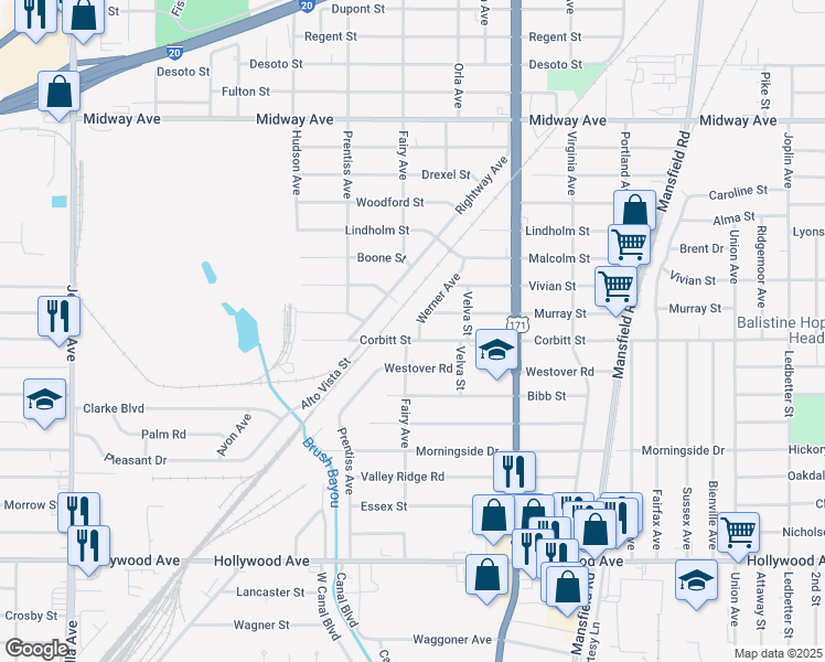 map of restaurants, bars, coffee shops, grocery stores, and more near 5018 Werner Avenue in Shreveport