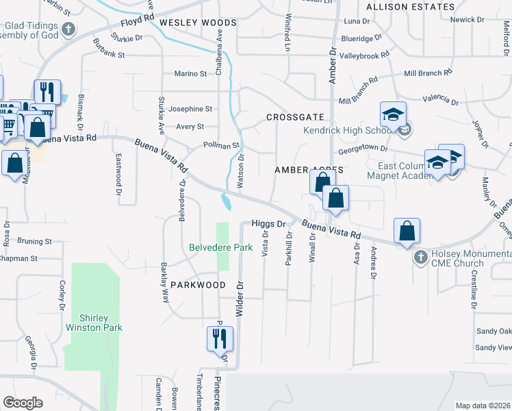 map of restaurants, bars, coffee shops, grocery stores, and more near 5555 Buena Vista Road in Columbus