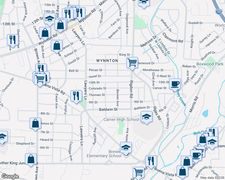 map of restaurants, bars, coffee shops, grocery stores, and more near 2835 Colorado Street in Columbus