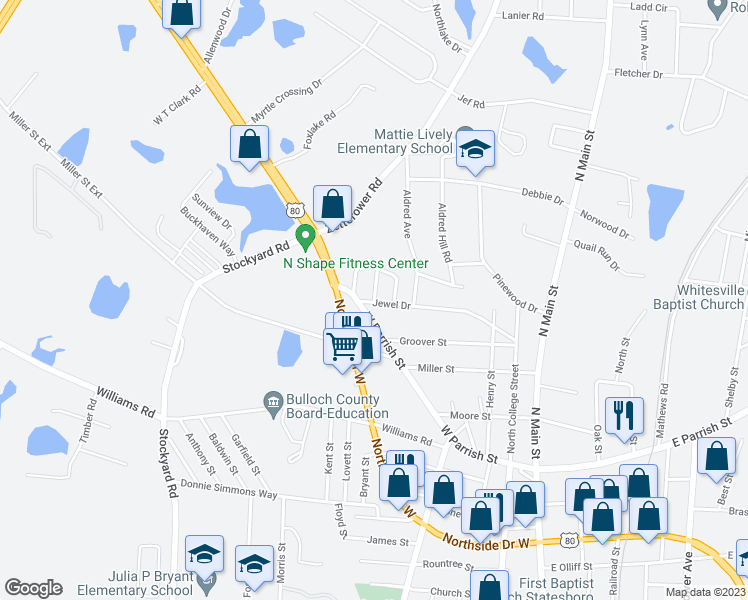 map of restaurants, bars, coffee shops, grocery stores, and more near 3 North Nelson Way in Statesboro