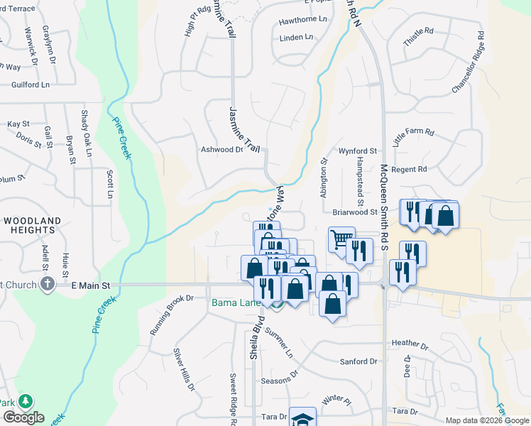 map of restaurants, bars, coffee shops, grocery stores, and more near 1695 Twelve Oaks Lane in Prattville