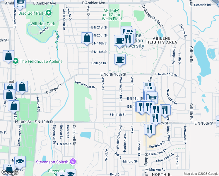 map of restaurants, bars, coffee shops, grocery stores, and more near 766 East North 14th Street in Abilene