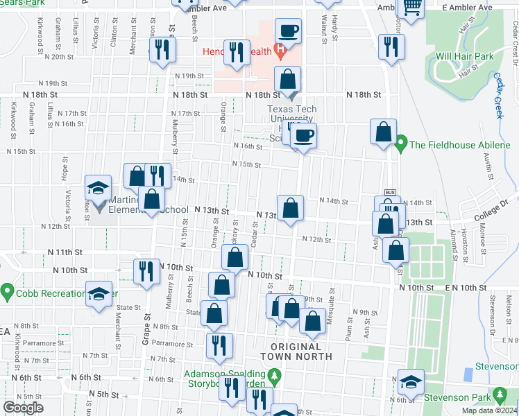 map of restaurants, bars, coffee shops, grocery stores, and more near 1350 Cypress Street in Abilene