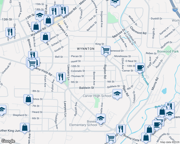 map of restaurants, bars, coffee shops, grocery stores, and more near 2835 Colorado Street in Columbus