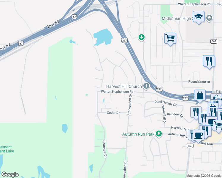 map of restaurants, bars, coffee shops, grocery stores, and more near 1870 Cotton Creek Trail in Midlothian