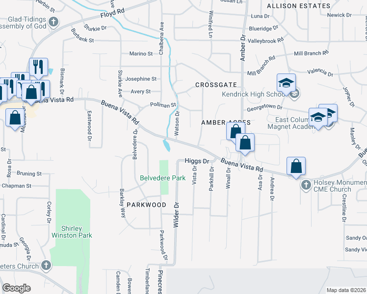 map of restaurants, bars, coffee shops, grocery stores, and more near 5555 Buena Vista Road in Columbus