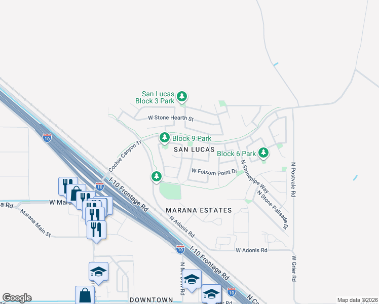 map of restaurants, bars, coffee shops, grocery stores, and more near 11404 West Fire Art Drive in Marana