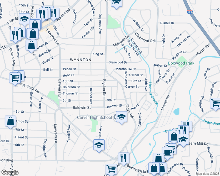 map of restaurants, bars, coffee shops, grocery stores, and more near 3018 Colorado Street in Columbus