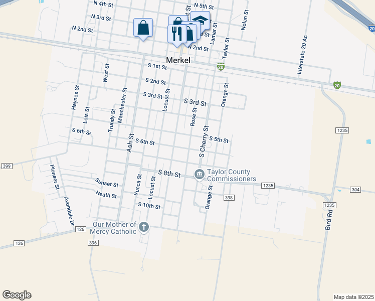 map of restaurants, bars, coffee shops, grocery stores, and more near 1004 South 6th Street in Merkel
