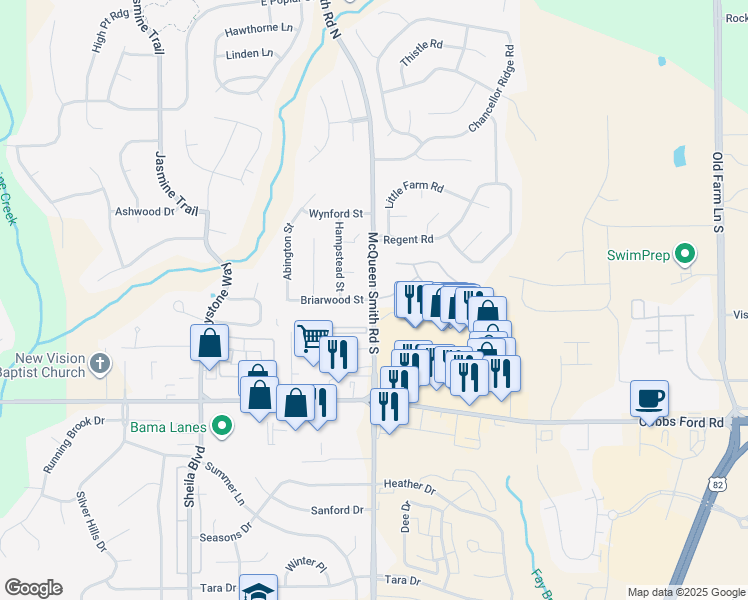 map of restaurants, bars, coffee shops, grocery stores, and more near Briarwood Street in Prattville