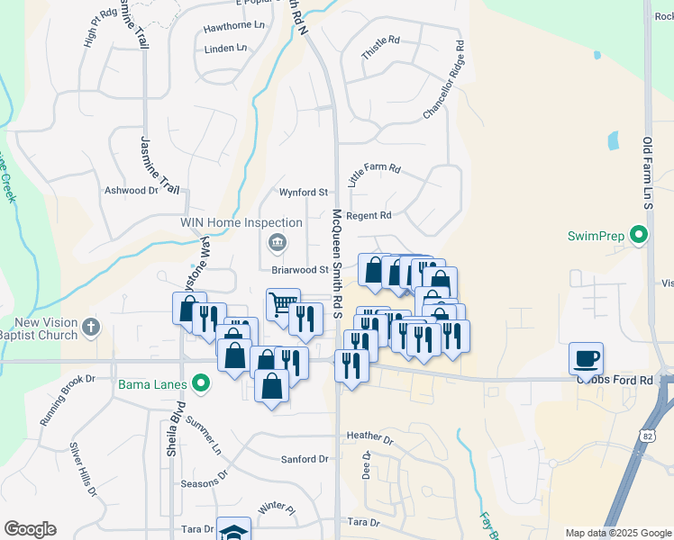 map of restaurants, bars, coffee shops, grocery stores, and more near 1898 Briarwood Street in Prattville