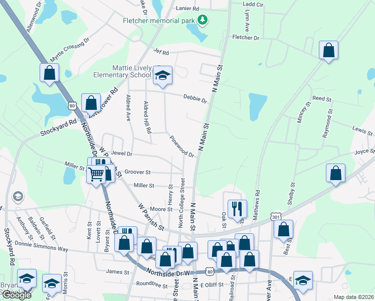 map of restaurants, bars, coffee shops, grocery stores, and more near 55 Pinewood Drive in Statesboro